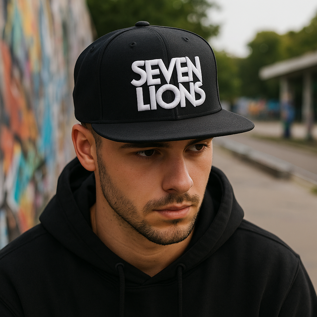 SEVEN LIONS Embroidered Snapback Hat – 3D Logo Black Flat Brim Cap