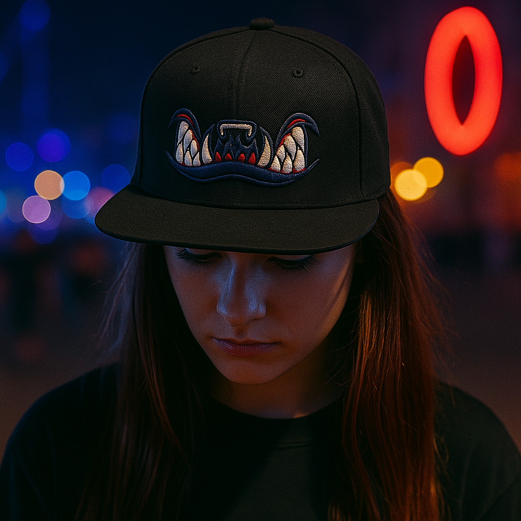 Monster Teeth Embroidered Flat Brim Cap – Black 3D Graphic Snapback