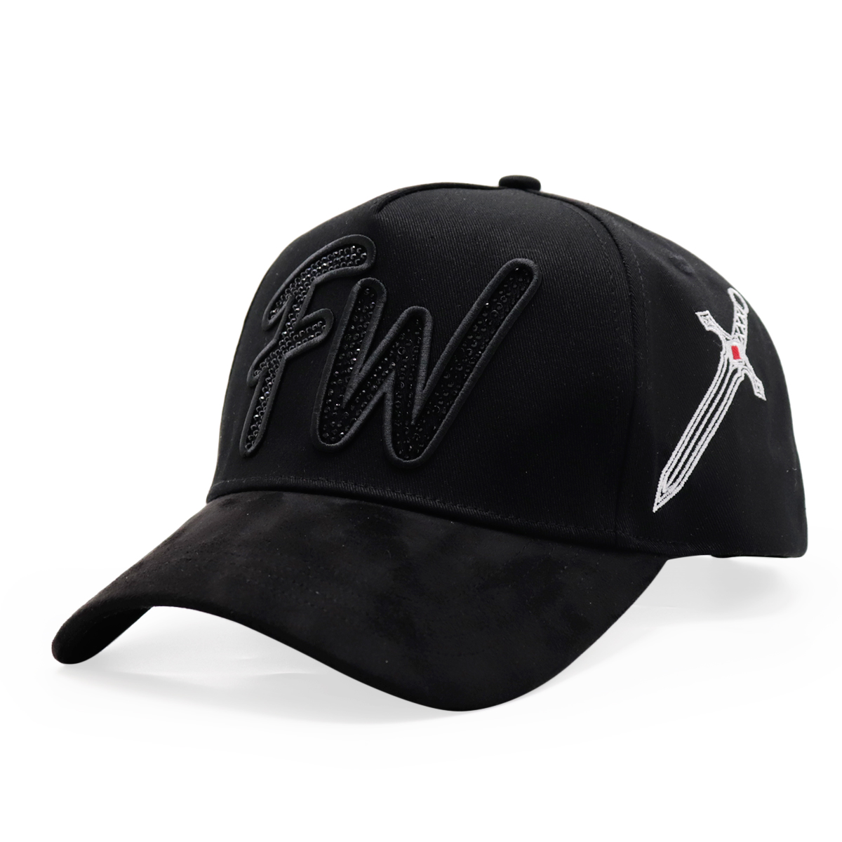 Black Suede Baseball Cap with Black Rhinestone FW 3D Logo and Sword Embroidery