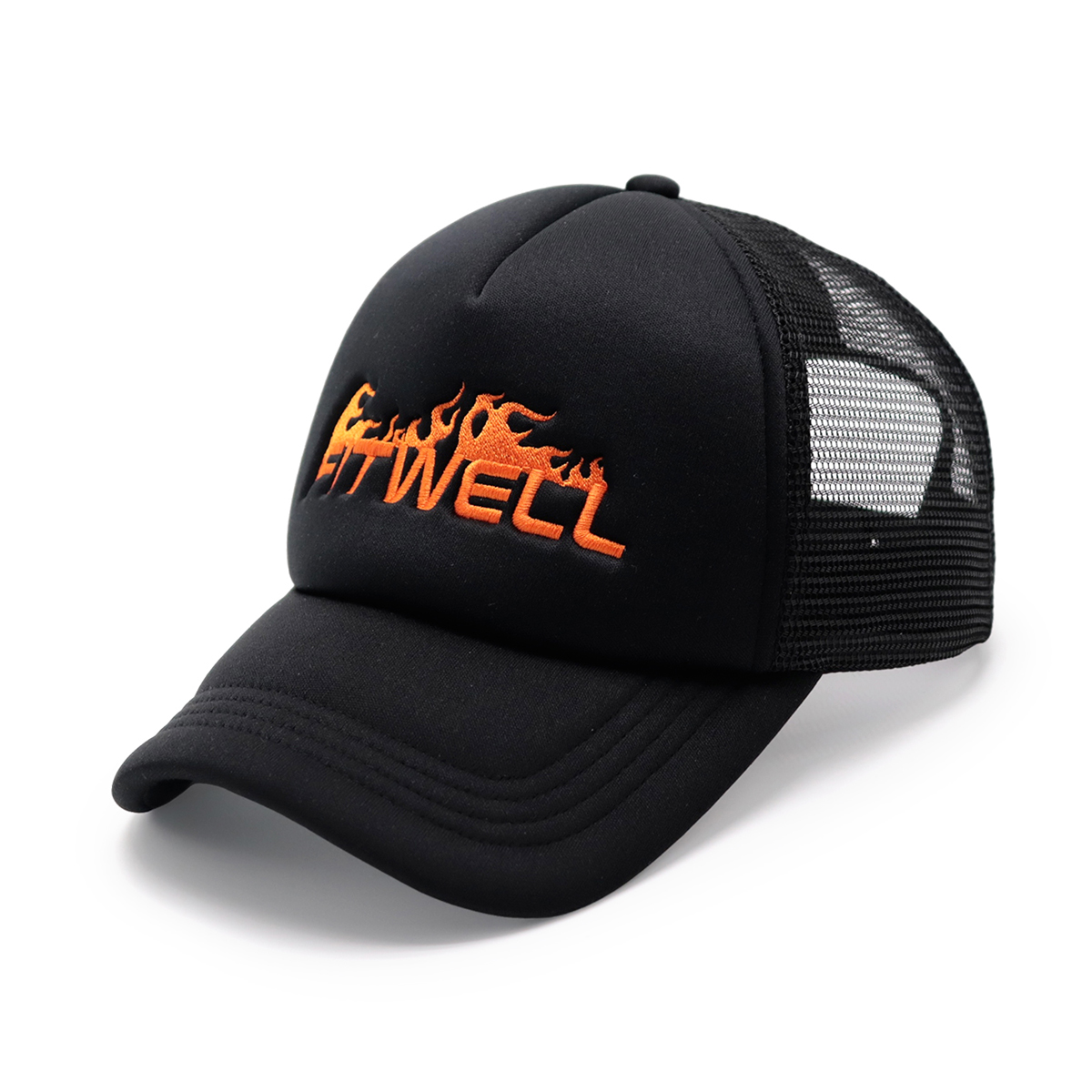 FITWELL Flame Embroidered Trucker Cap – Black Mesh Baseball Hat with Fire Lettering