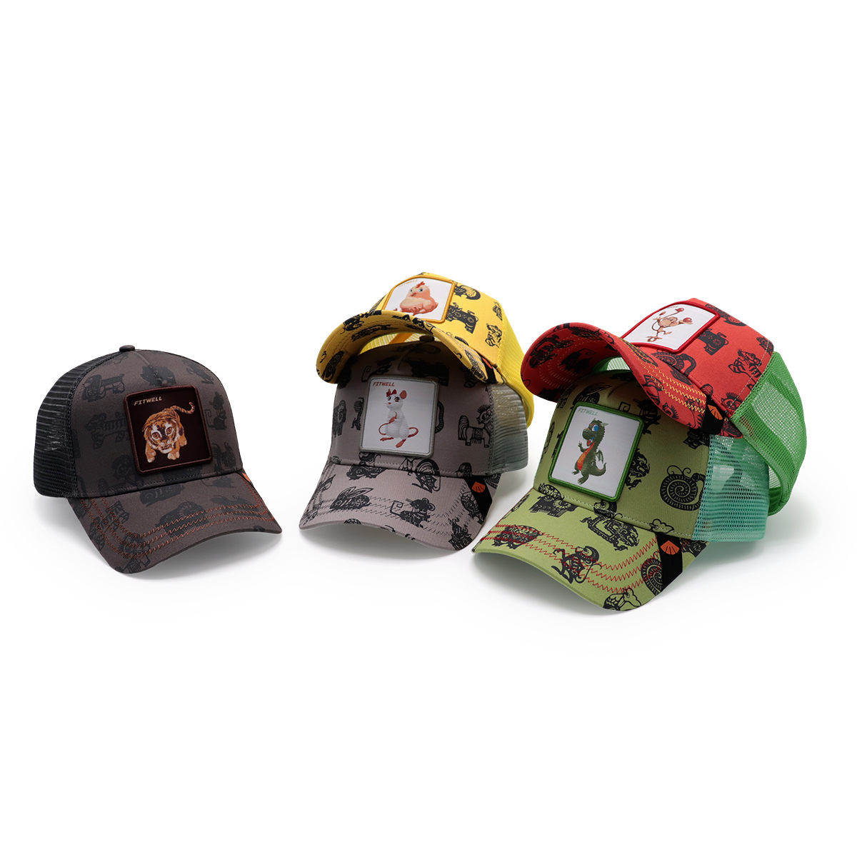 Cartoon Dinosaur Print Baseball Cap with Embroidered Patch - FITWELL Trendy Adjustable Trucker Hat