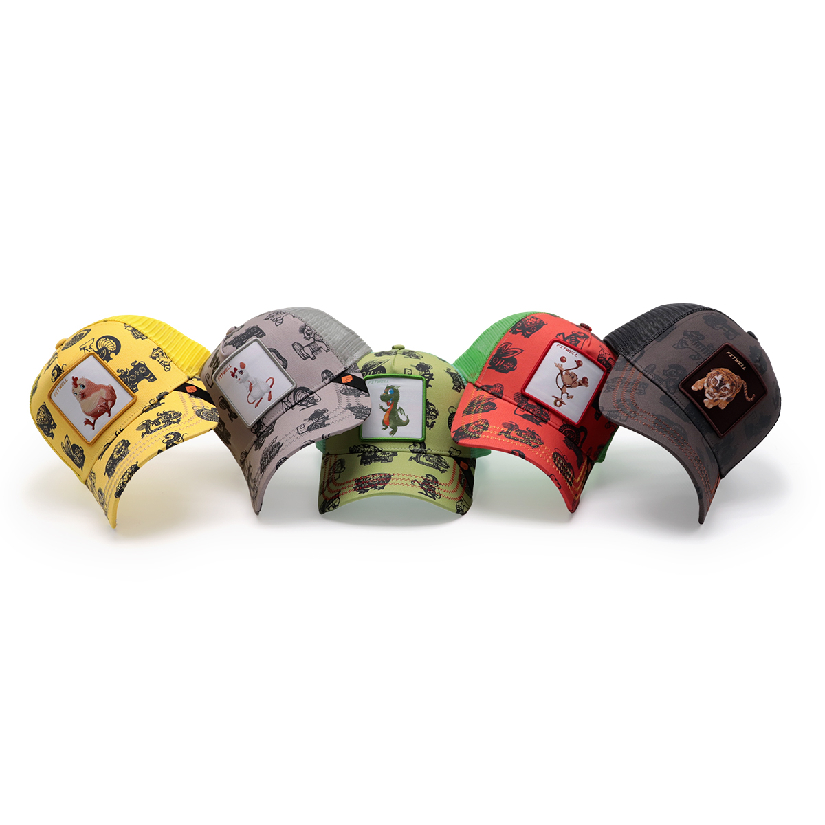 Gray Cartoon Print Cotton Twill Trucker Cap with Mouse Transfer Patch and Woven Label