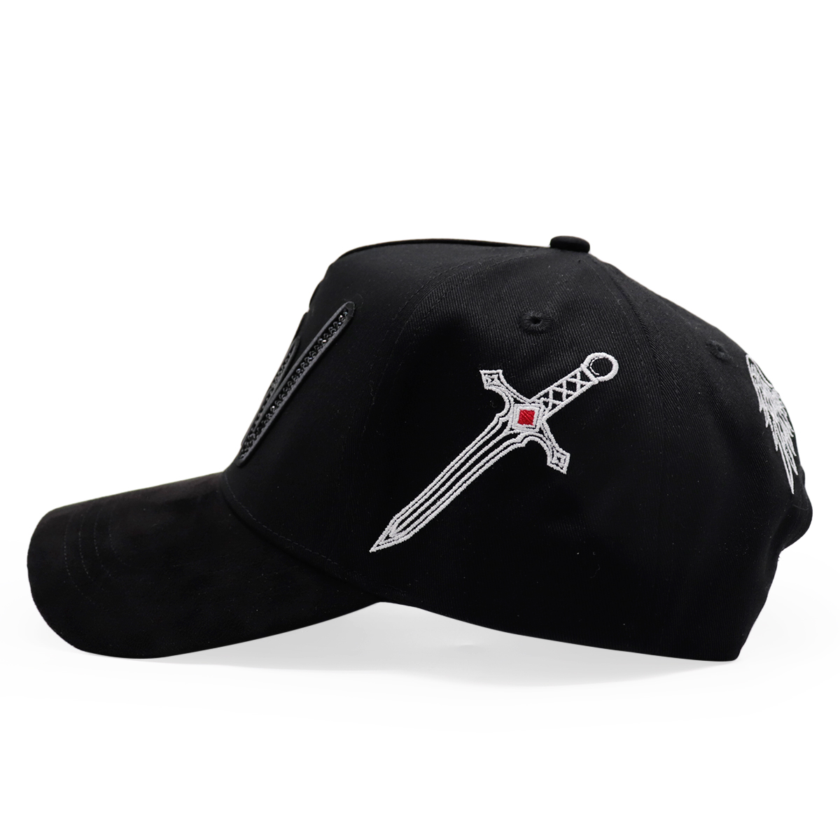 Black Suede Baseball Cap with Black Rhinestone FW 3D Logo and Sword Embroidery
