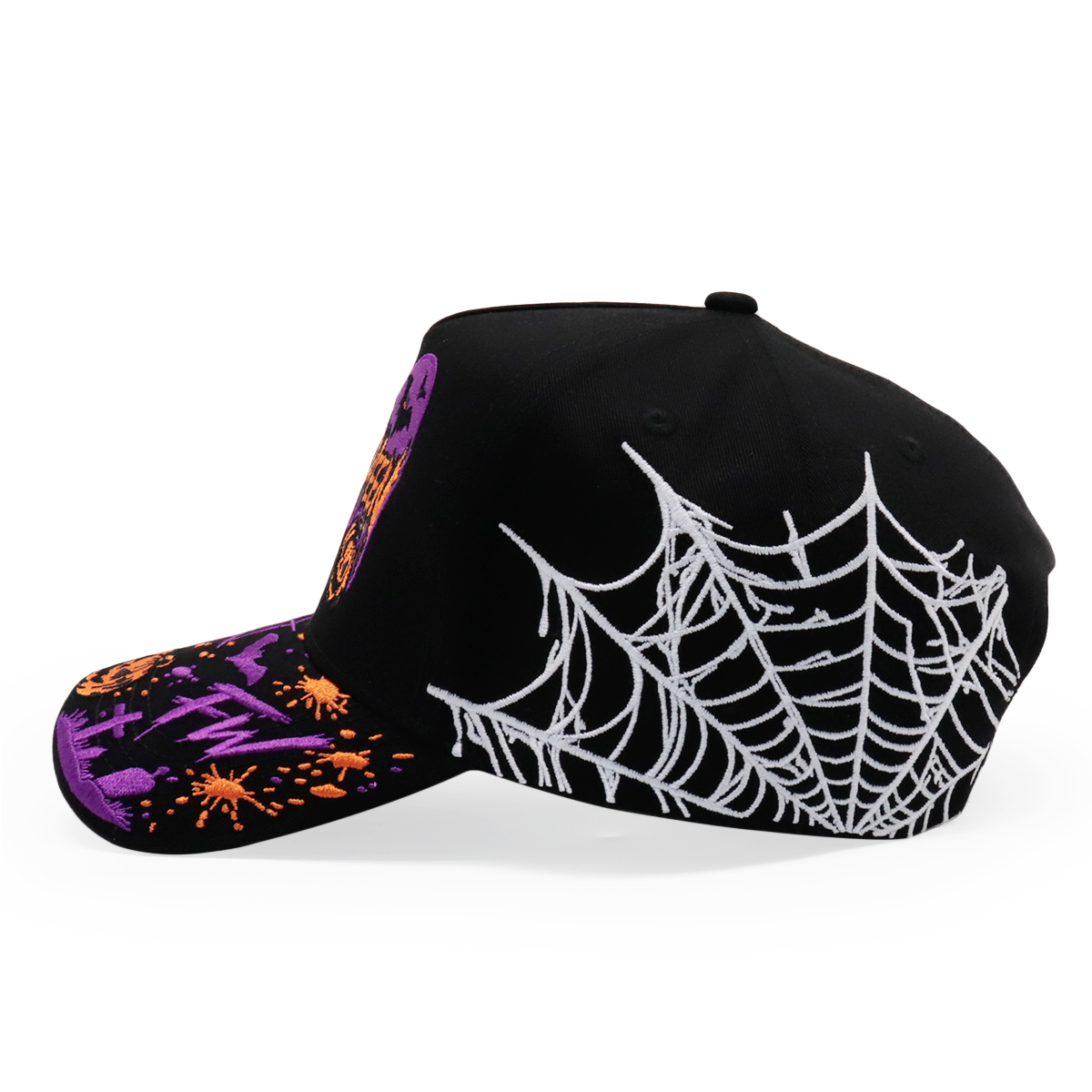 Halloween Embroidered Black Baseball Cap with Pumpkin Bat Spiderweb Graphics