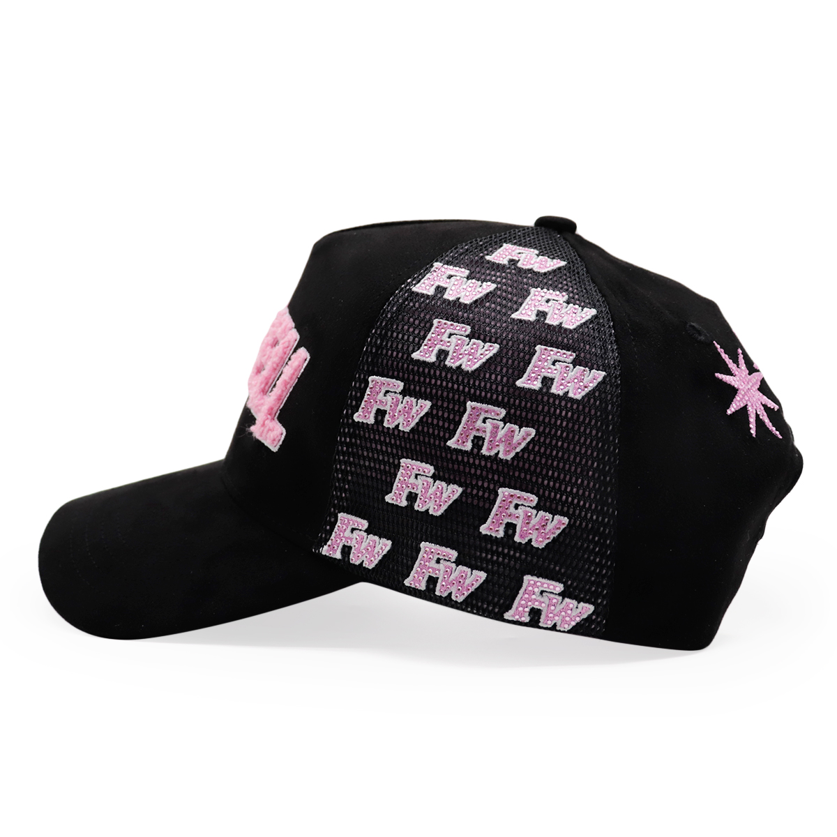 Black Velvet Mesh Trucker Cap with Pink FITWELL 3D Embroidery