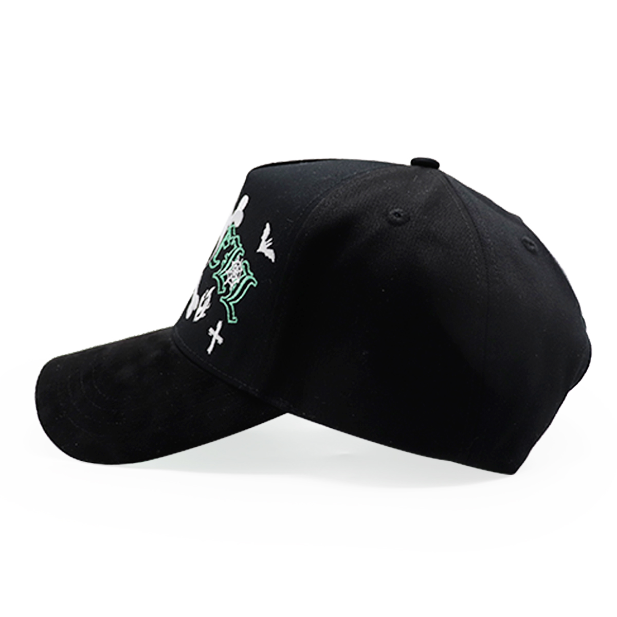 Black Baseball Cap with Skull Crossbones and Green Gothic Embroidery