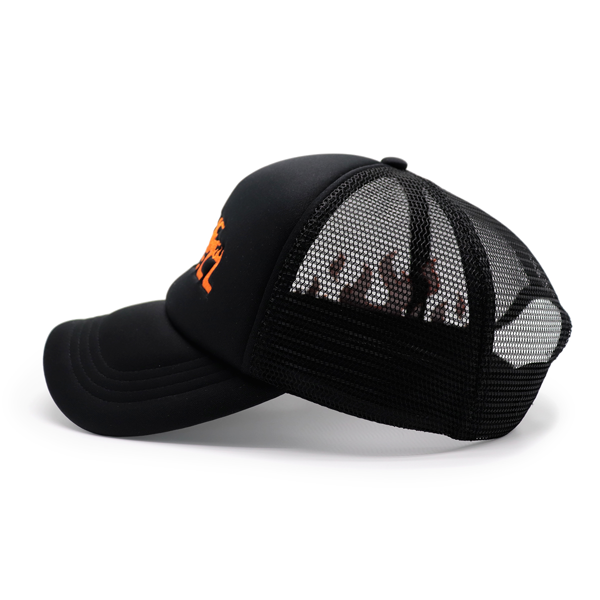 FITWELL Flame Embroidered Trucker Cap – Black Mesh Baseball Hat with Fire Lettering