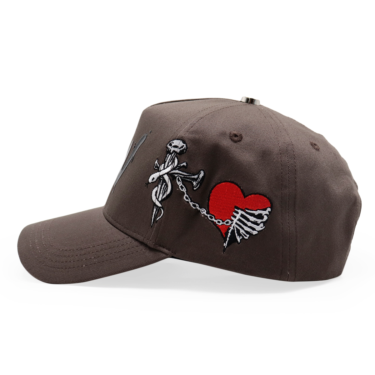 Brown Cotton Twill Baseball Cap with Black FW Logo and Dagger Heart Embroidery