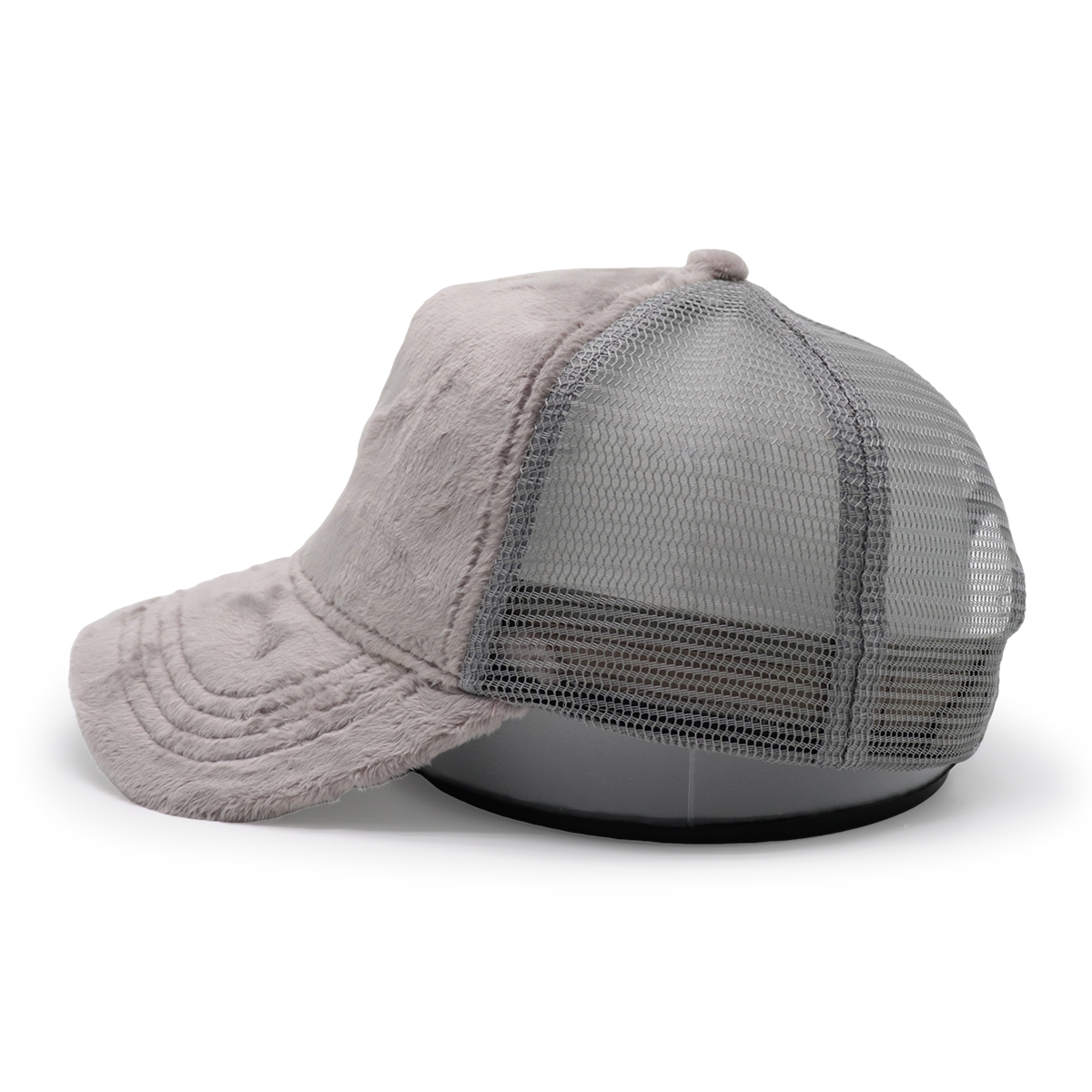 Gray Faux Fur Warm Mesh Baseball Cap – Winter Curved Brim Hat for Men and Women