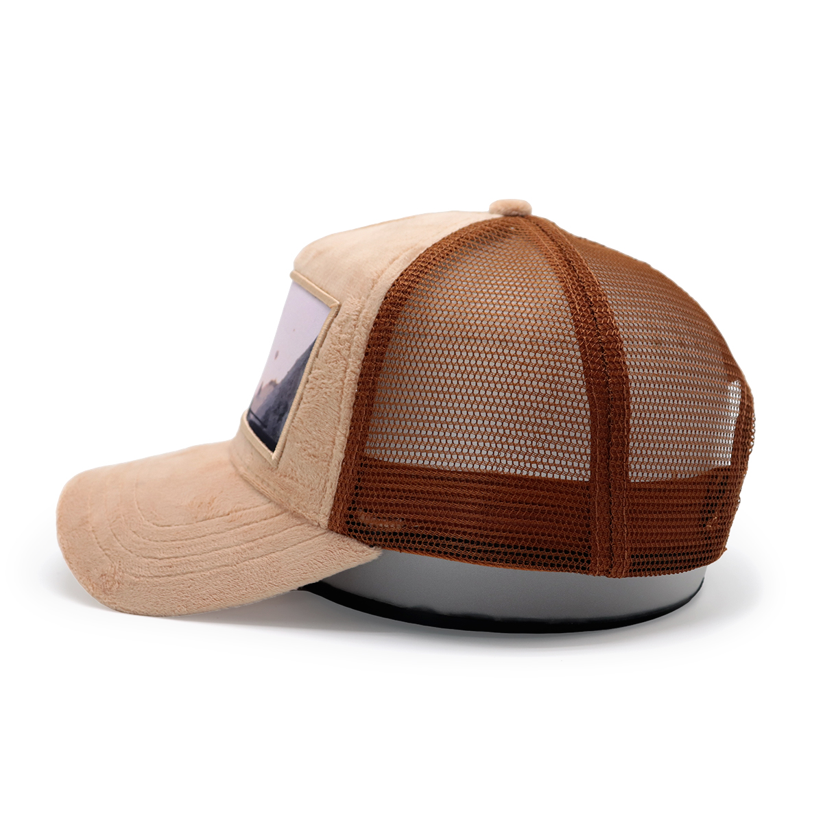 Vintage Aesthetic Suede Photo Patch Trucker Hat – Hot Air Balloon Landscape Mesh Cap