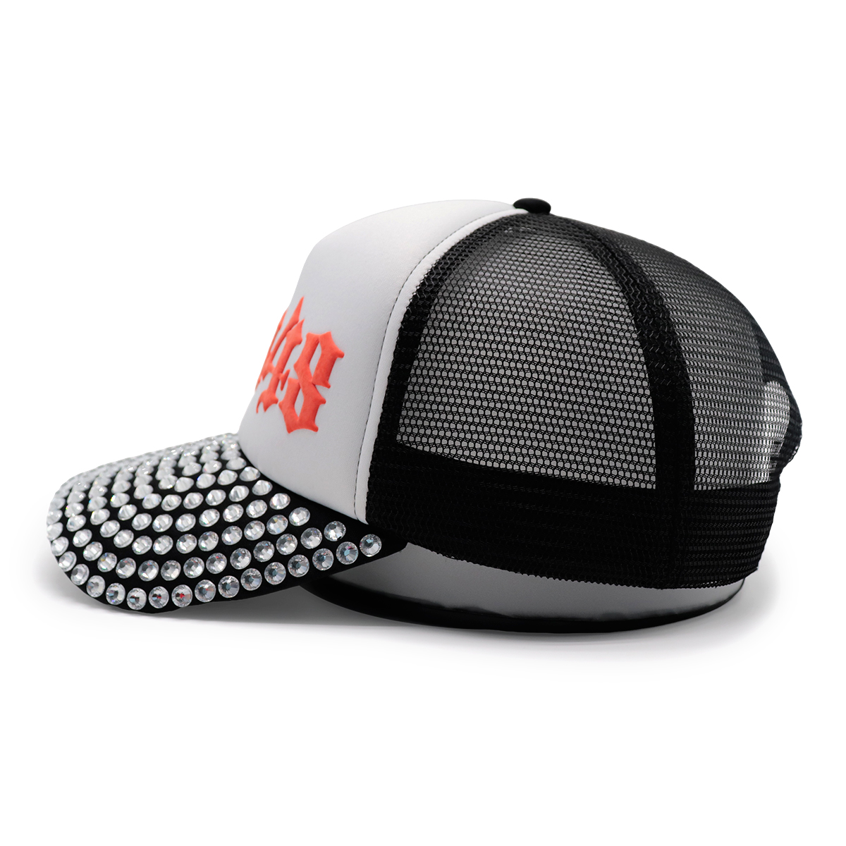 Rhinestone Brim Gothic Number Embroidered Trucker Hat – Bold 85448 Mesh Snapback Cap