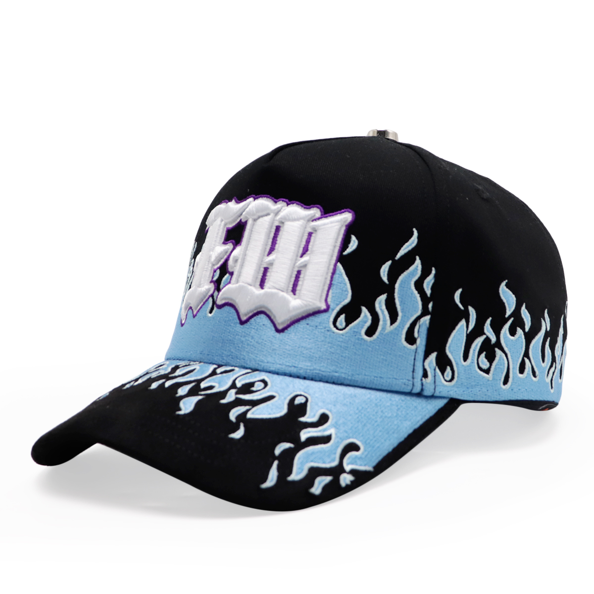 3D Puff Embroidered Flame Baseball Cap Black Blue Gothic Letter Streetwear Hat