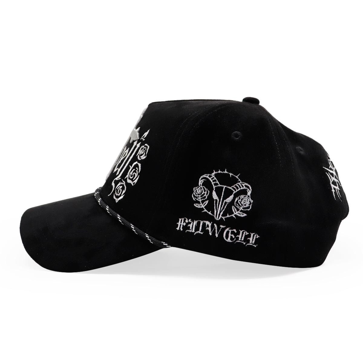 Black Gothic Cross Rose Embroidered Baseball Cap Rope Trim Streetwear Hat