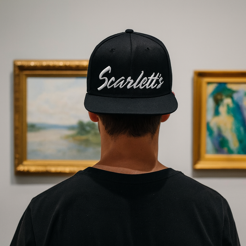 Scarlett's Script Logo Streetwear Black 6 Panel Custom 3D Embroidered Snapback Hat