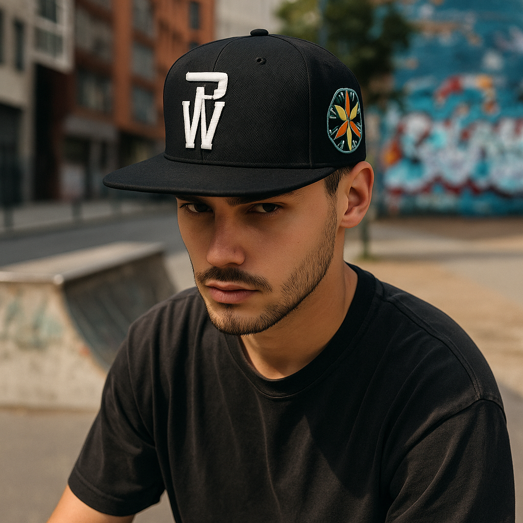 Two-Side Embroidered Snapback Cap with Abstract and Color Crest