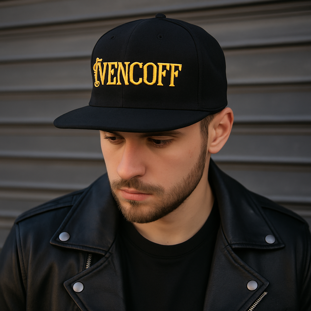 EVENCOFF Gothic Font Snapback – Black Cap with Gold 3D Embroidery