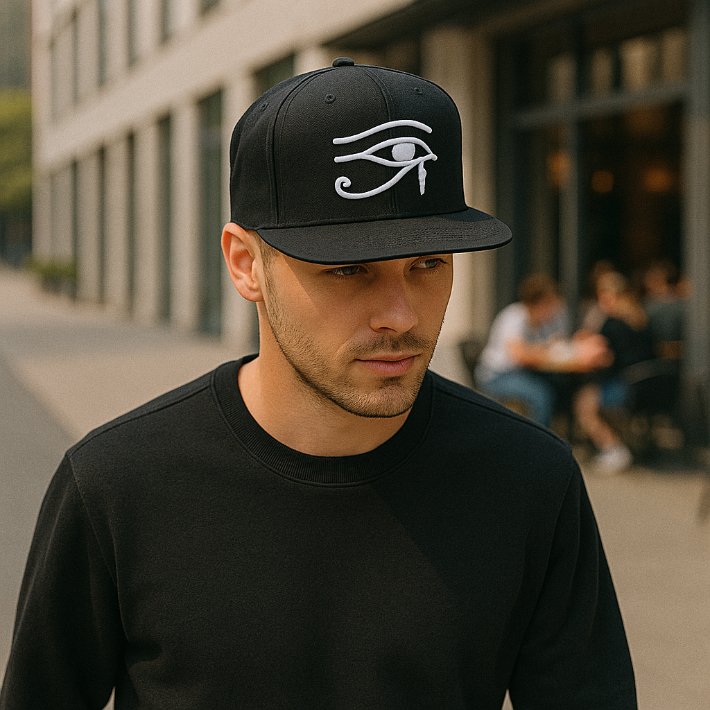 Eye of Horus Snapback – Black 6-Panel Flat Brim Cap
