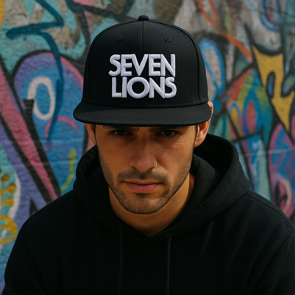 SEVEN LIONS Embroidered Snapback Hat – 3D Logo Black Flat Brim Cap