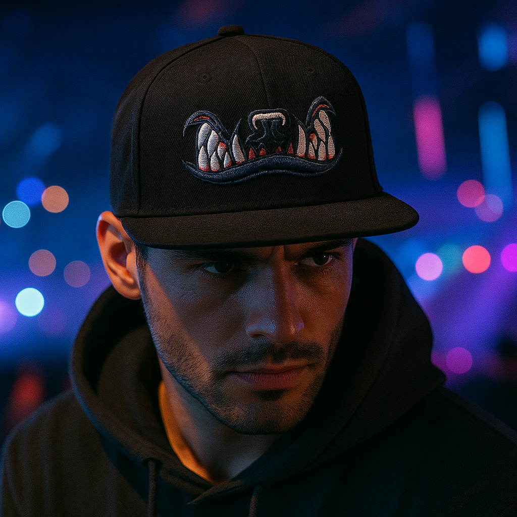 Monster Teeth Embroidered Flat Brim Cap – Black 3D Graphic Snapback