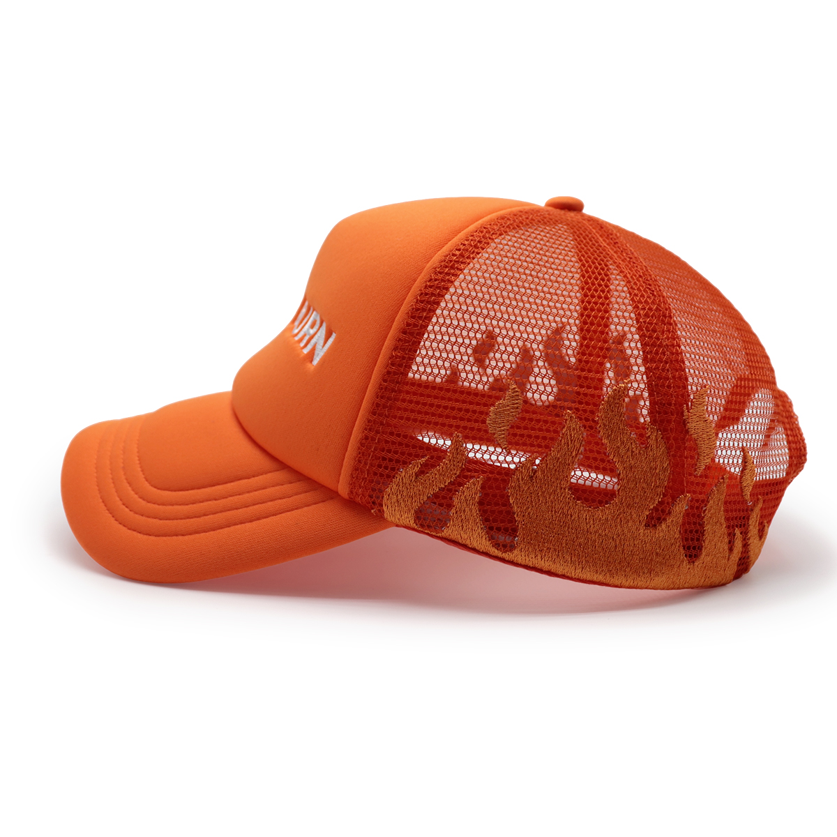 Orange “LET IT BURN” Embroidered Mesh Baseball Cap – Unisex Streetwear Trucker Hat