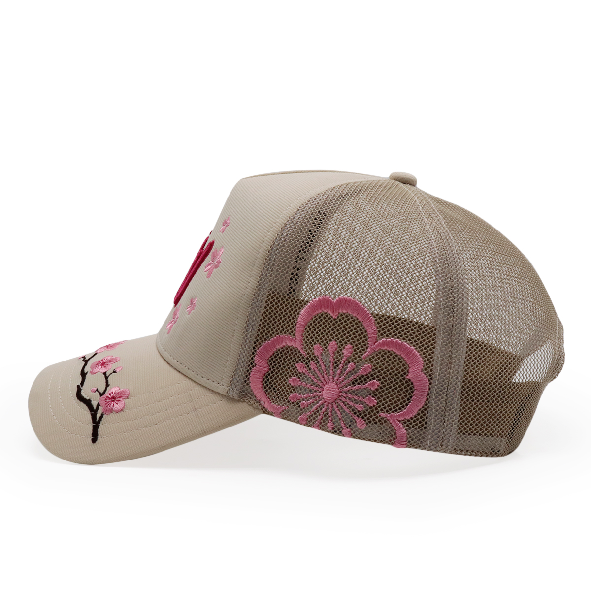 Beige Cherry Blossom 3D Embroidered Trucker Hat Pink Floral Mesh Back Cap