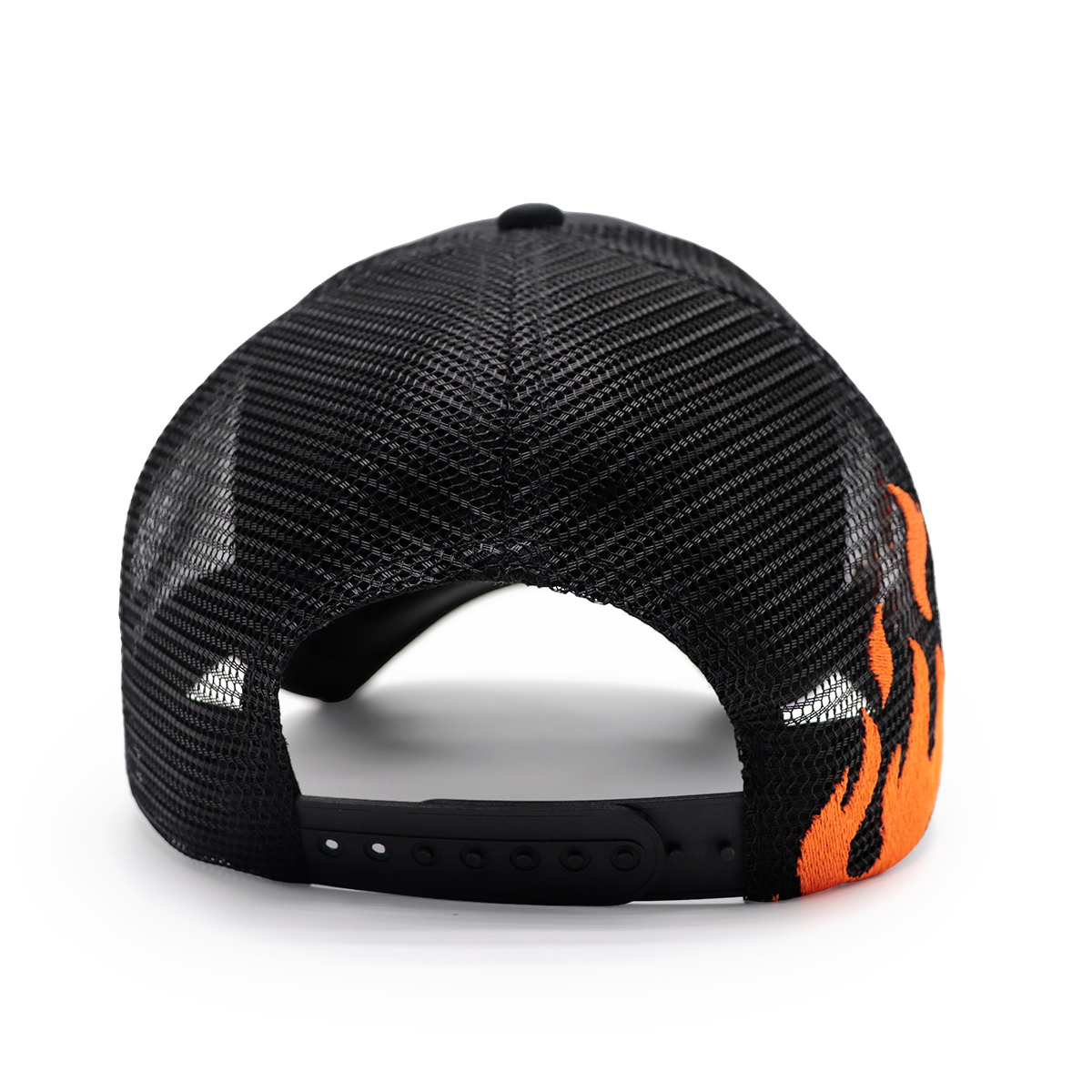 FITWELL Flame Embroidered Trucker Cap – Black Mesh Baseball Hat with Fire Lettering