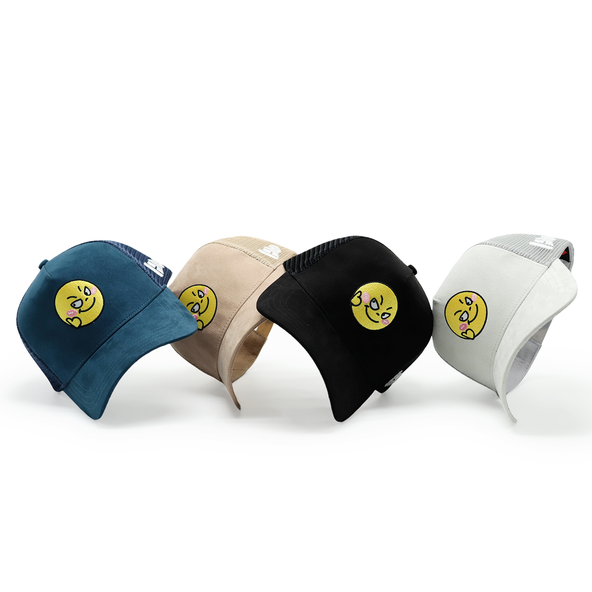 Custom Suede Embroidered Trucker Hats – Mesh Snapback Cap with Smiley Face
