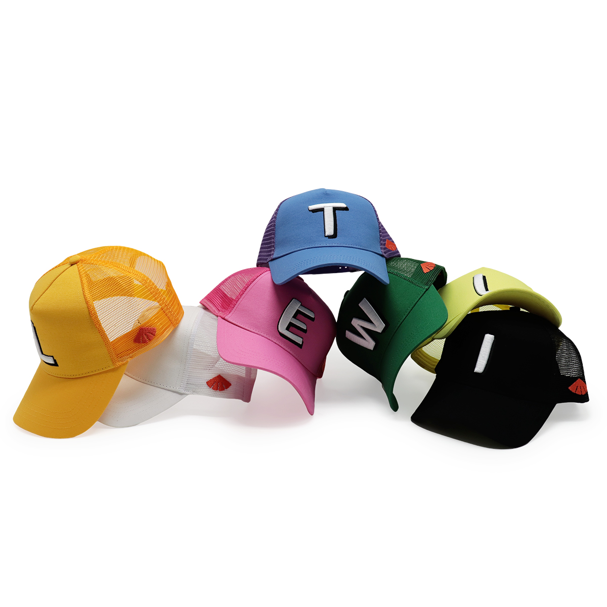 FITWELL Colorful Letter Mesh Trucker Caps – 7-Color Alphabet Cap Set for Men & Women