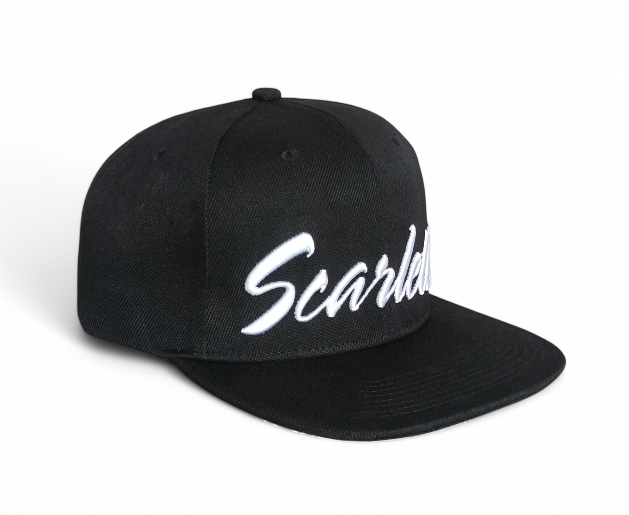 Scarlett's Script Logo Streetwear Black 6 Panel Custom 3D Embroidered Snapback Hat
