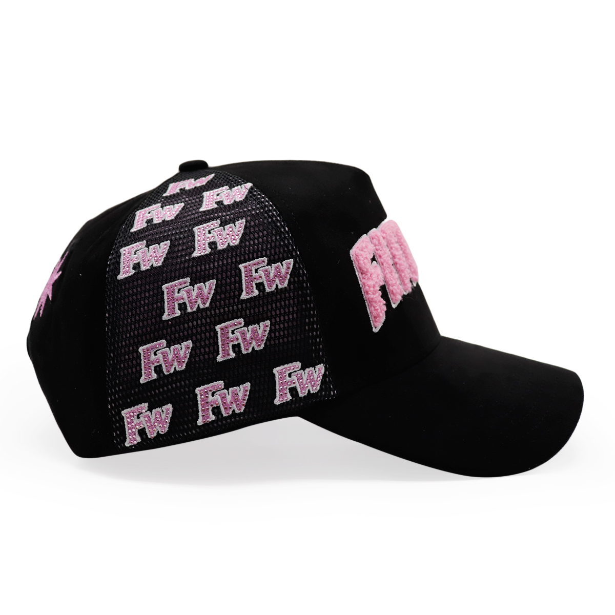 Black Velvet Mesh Trucker Cap with Pink FITWELL 3D Embroidery