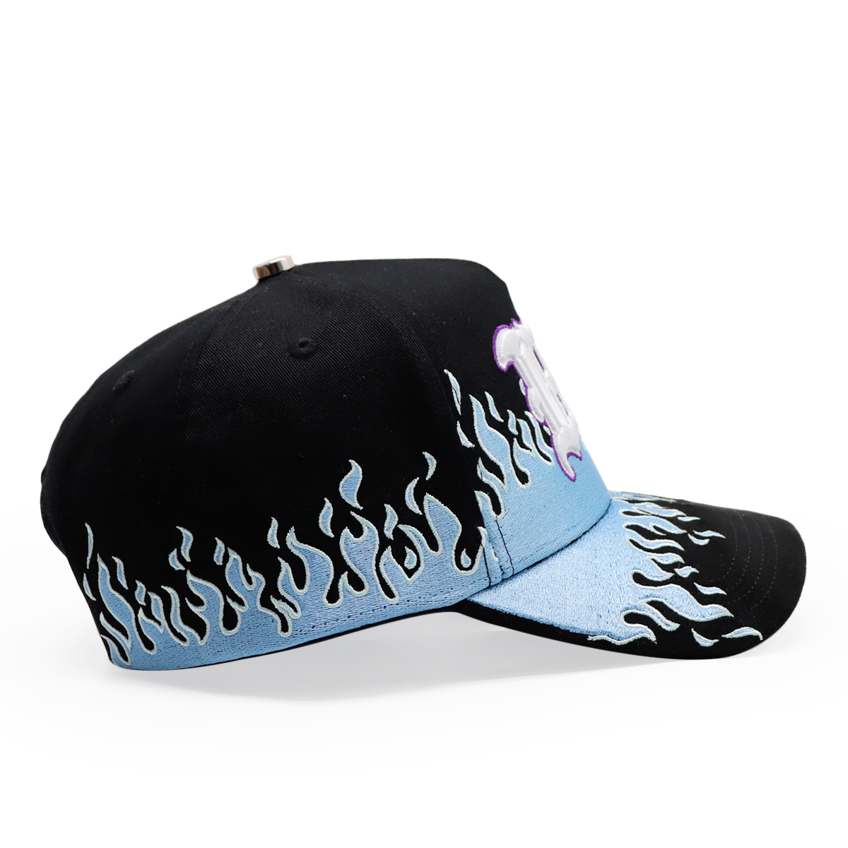 3D Puff Embroidered Flame Baseball Cap Black Blue Gothic Letter Streetwear Hat