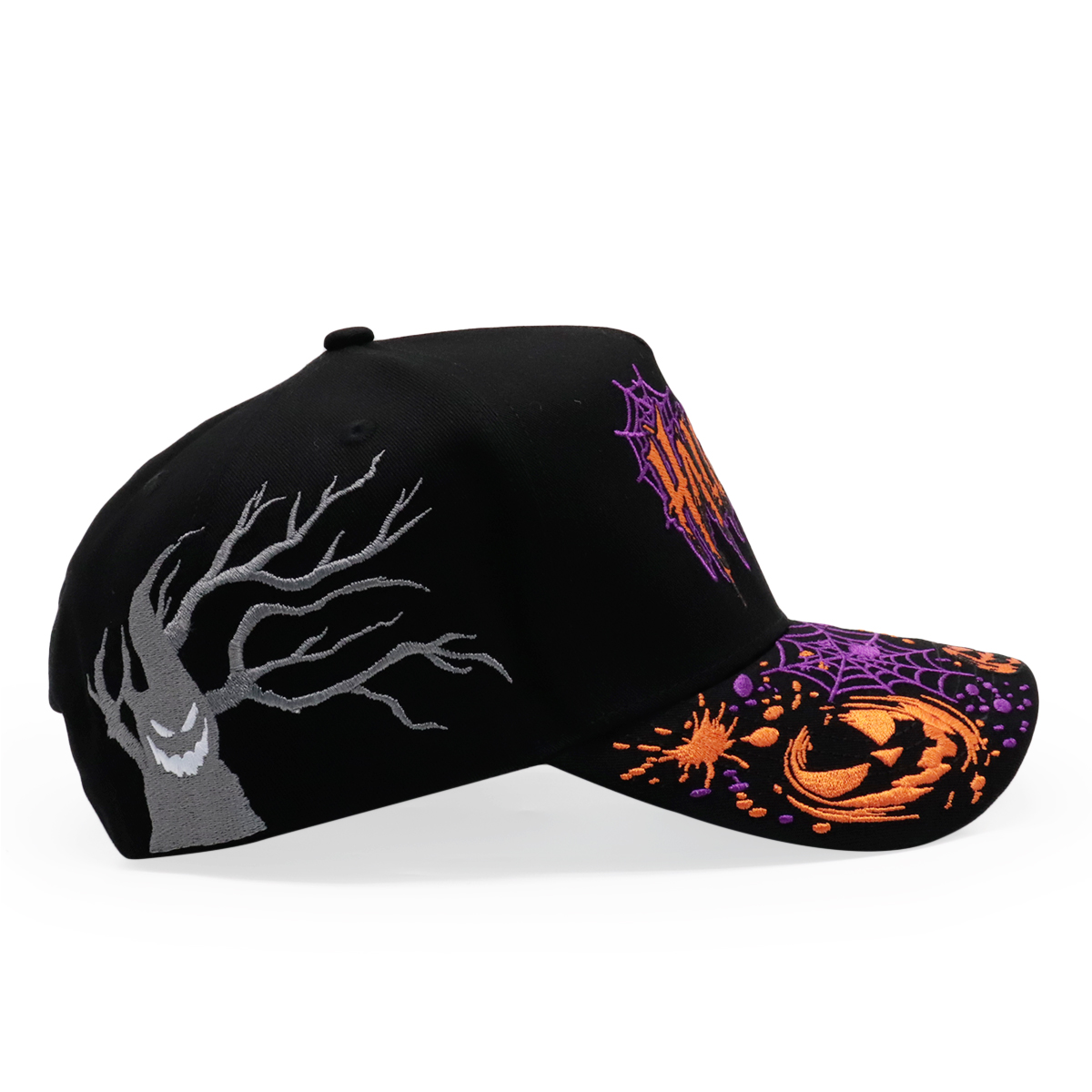 Halloween Embroidered Black Baseball Cap with Pumpkin Bat Spiderweb Graphics