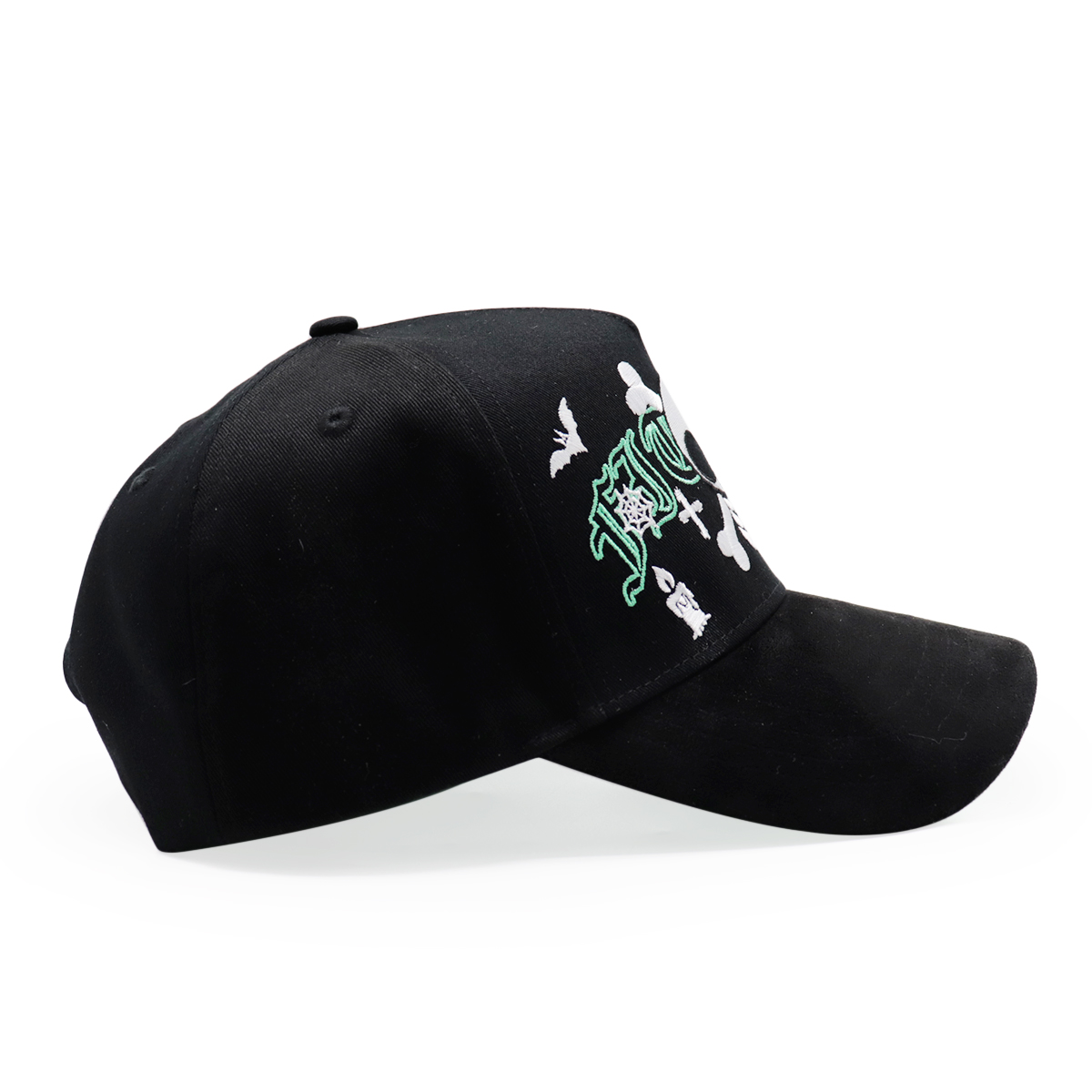 Black Baseball Cap with Skull Crossbones and Green Gothic Embroidery
