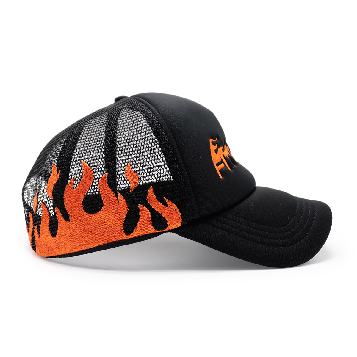FITWELL Flame Embroidered Trucker Cap – Black Mesh Baseball Hat with Fire Lettering