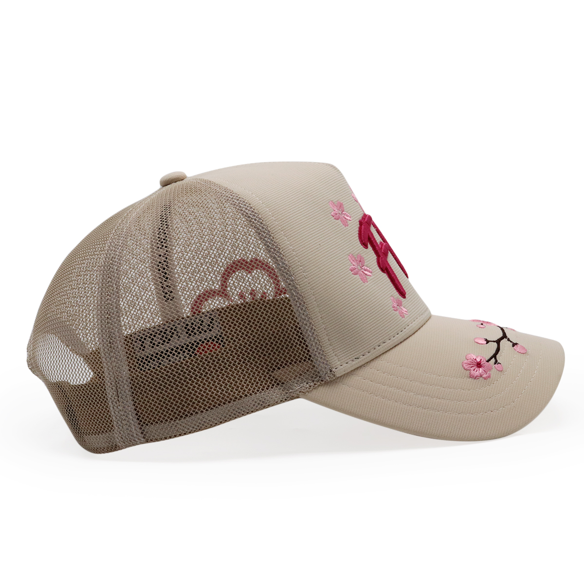 Beige Cherry Blossom 3D Embroidered Trucker Hat Pink Floral Mesh Back Cap