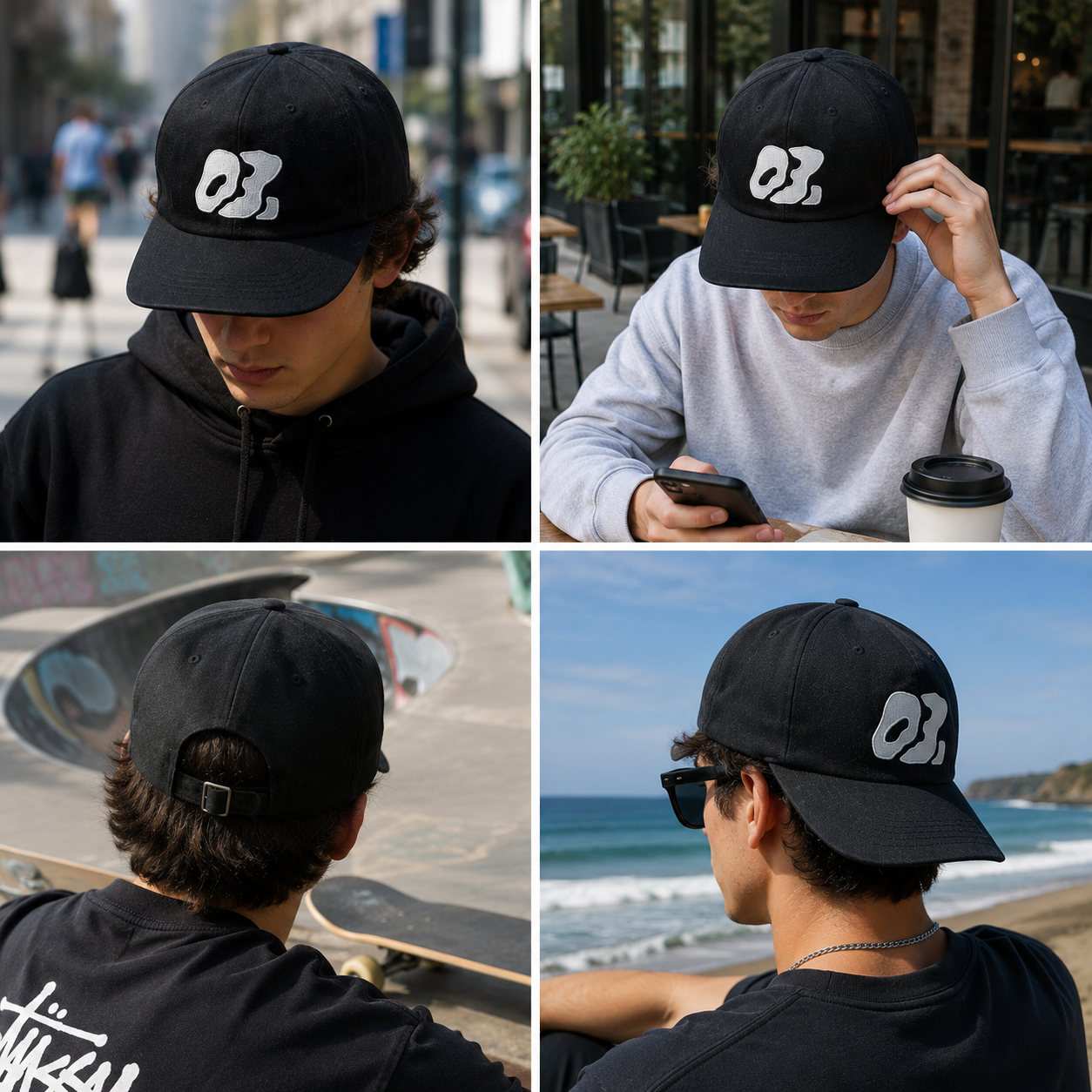 Black Five-Panel Streetwear Cap with White Abstract Embroidery