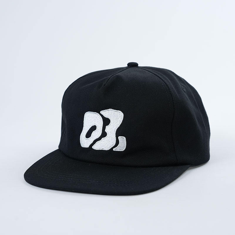 Black Five-Panel Streetwear Cap with White Abstract Embroidery
