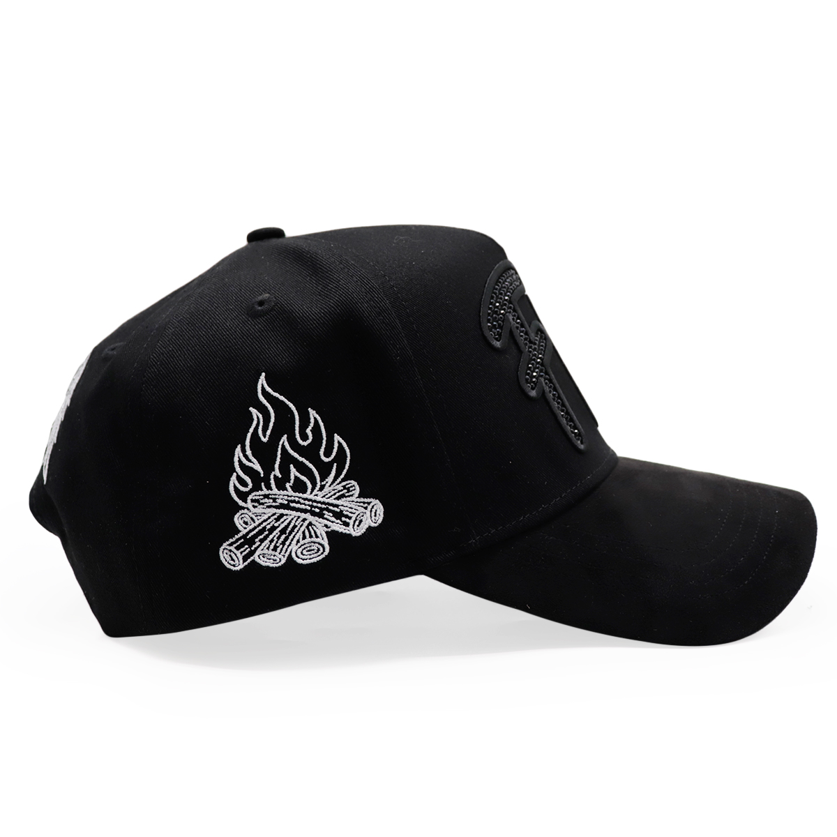 Black Suede Baseball Cap with Black Rhinestone FW 3D Logo and Sword Embroidery