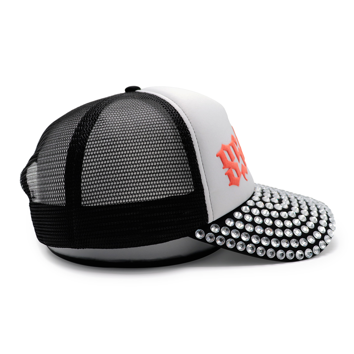 Rhinestone Brim Gothic Number Embroidered Trucker Hat – Bold 85448 Mesh Snapback Cap