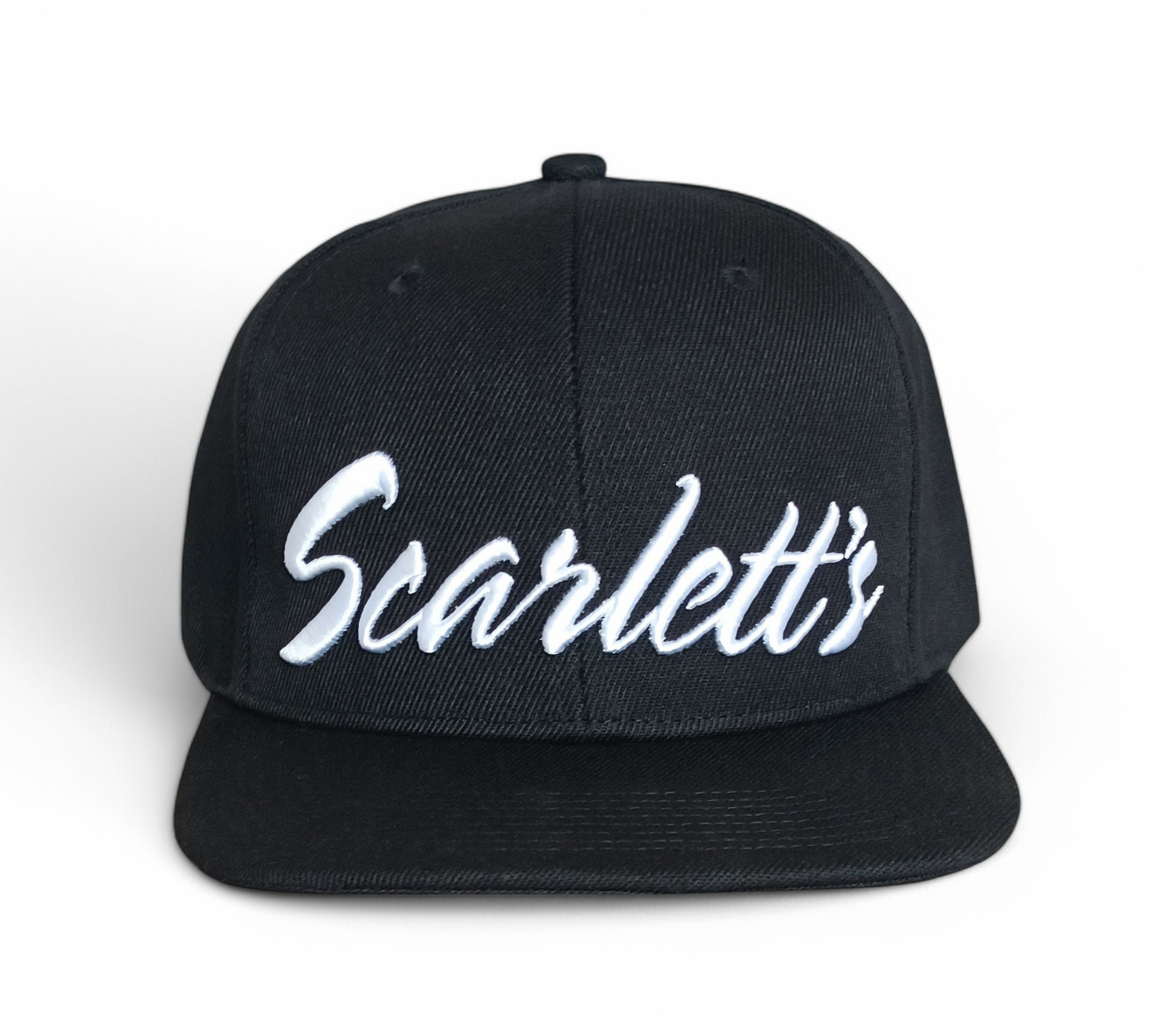 Scarlett's Script Logo Streetwear Black 6 Panel Custom 3D Embroidered Snapback Hat