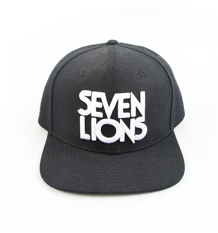 SEVEN LIONS Embroidered Snapback Hat – 3D Logo Black Flat Brim Cap