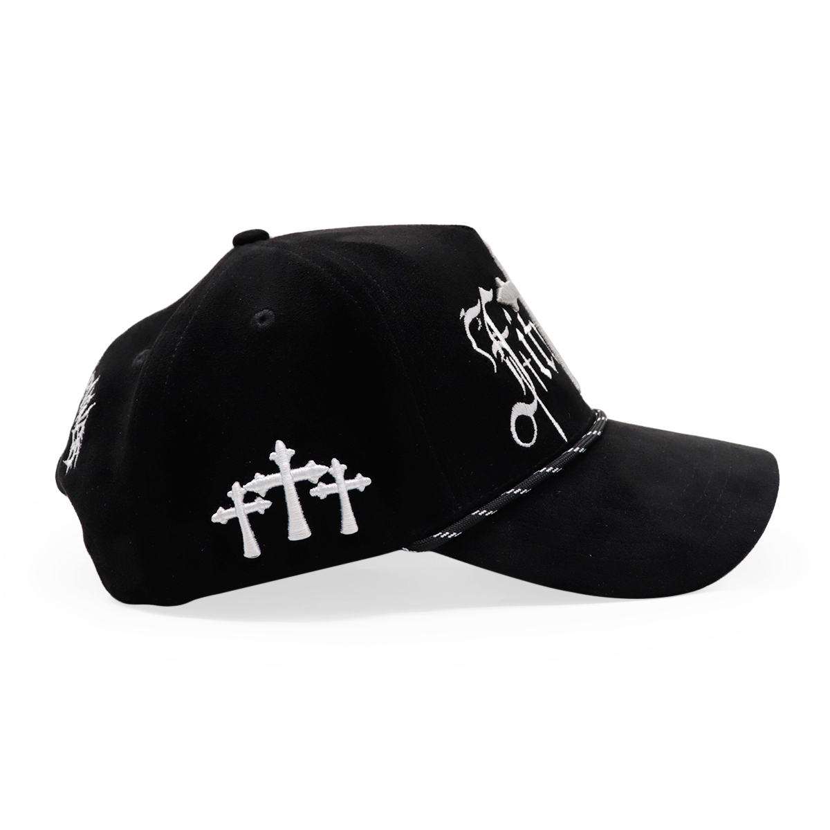 Black Gothic Cross Rose Embroidered Baseball Cap Rope Trim Streetwear Hat