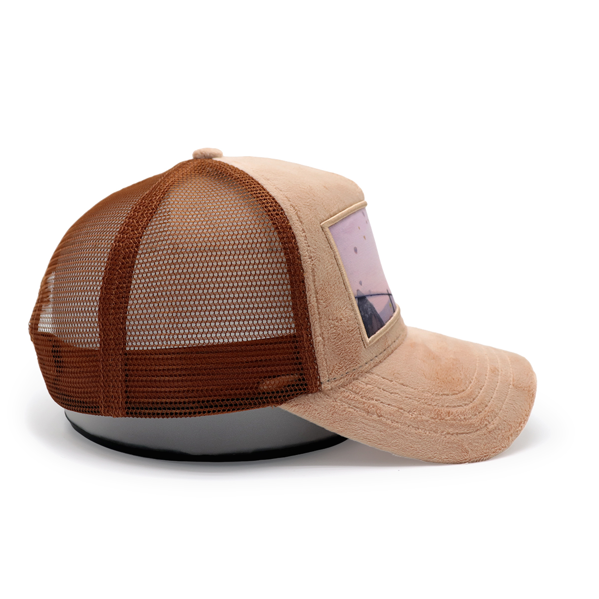 Vintage Aesthetic Suede Photo Patch Trucker Hat – Hot Air Balloon Landscape Mesh Cap