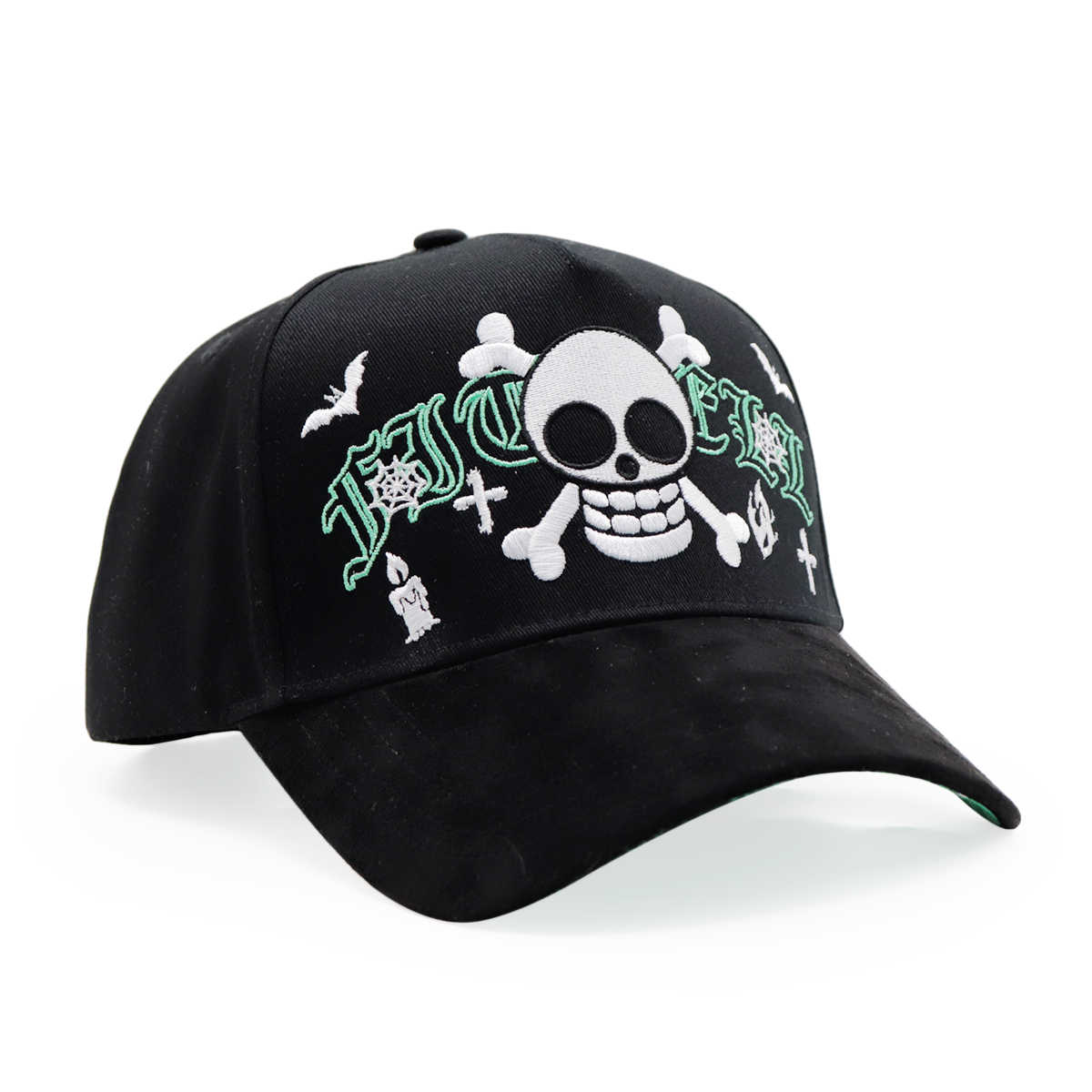 Black Baseball Cap with Skull Crossbones and Green Gothic Embroidery