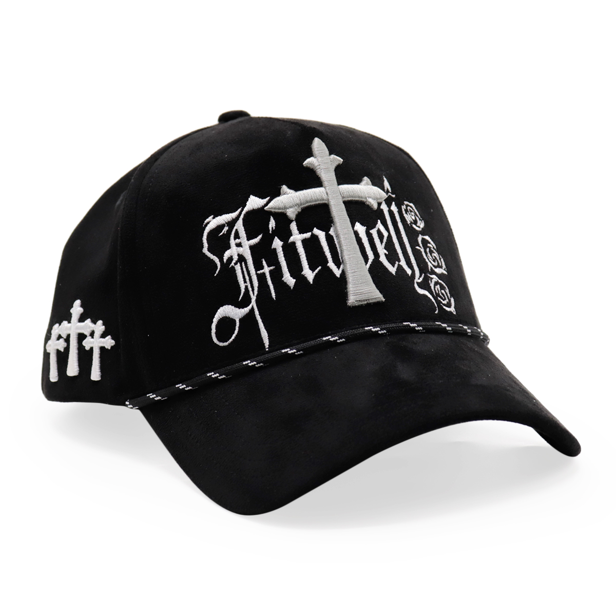 Black Gothic Cross Rose Embroidered Baseball Cap Rope Trim Streetwear Hat