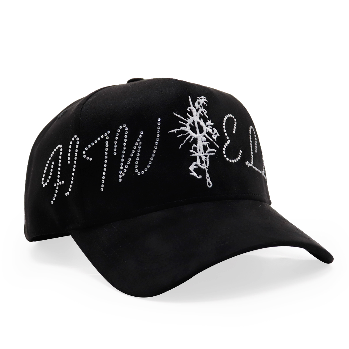 Black Rhinestone Embroidered Baseball Cap with Floral Print Lining