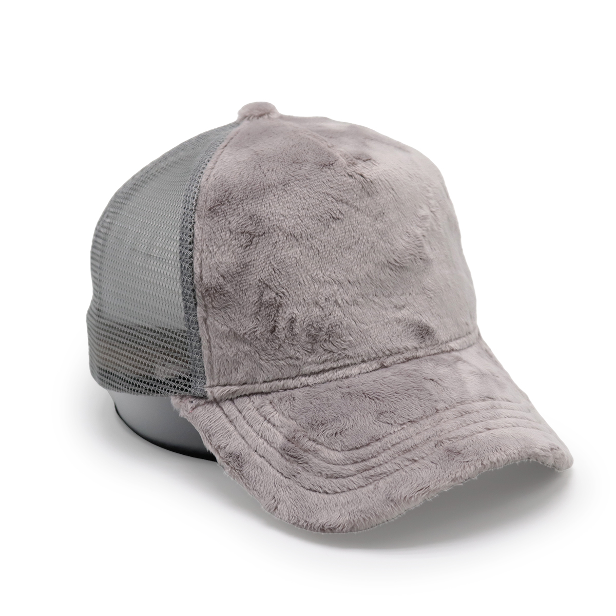 Gray Faux Fur Warm Mesh Baseball Cap – Winter Curved Brim Hat for Men and Women
