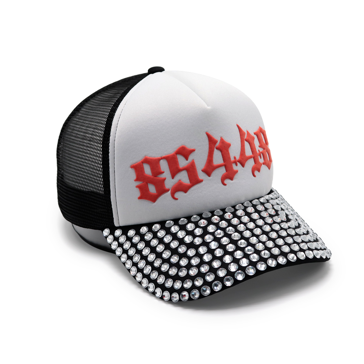 Rhinestone Brim Gothic Number Embroidered Trucker Hat – Bold 85448 Mesh Snapback Cap