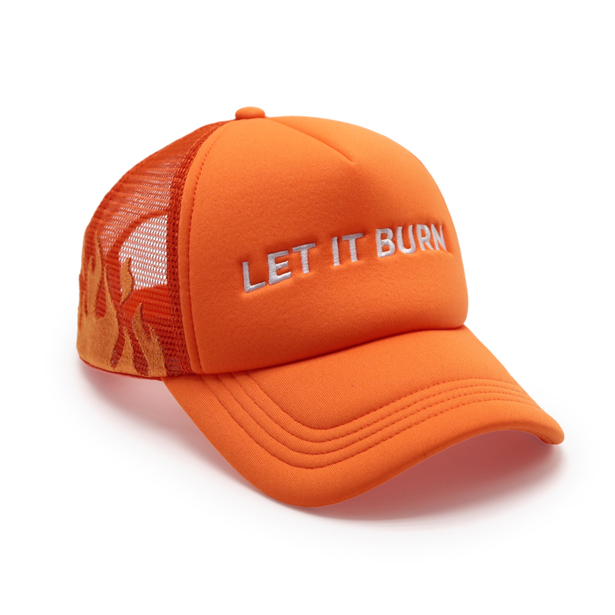 Orange “LET IT BURN” Embroidered Mesh Baseball Cap – Unisex Streetwear Trucker Hat