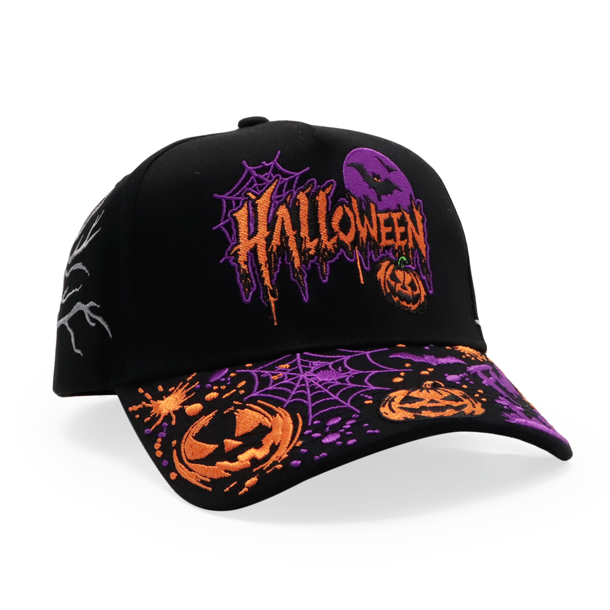 Halloween Embroidered Black Baseball Cap with Pumpkin Bat Spiderweb Graphics